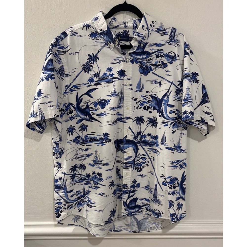 Ralph Lauren XXL Hawaiian Shirt Blue White Fishing Marlin Sailboat Aloha